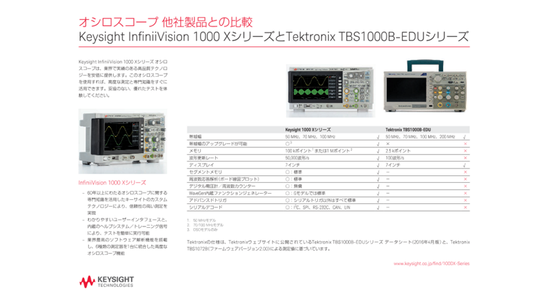 オシロスコープ 他社製品との比較 Keysight InfiniiVision 1000 XシリーズとTektronix TBS1000B-EDUシリーズ